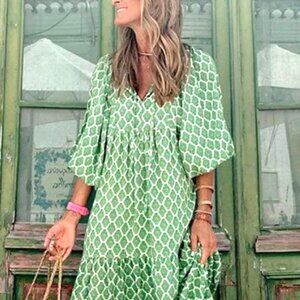 BEAUTIFUL GREEN MEDIUM 3 TIER GRANNY DRESS OPEN COLLAR WITH ROPE MIDI DRESS